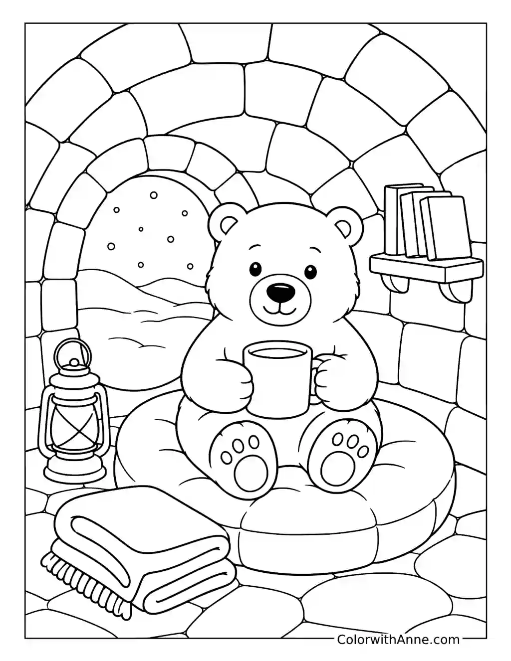 Polar Bear Enjoying a Warm Drink in an Igloo coloring page