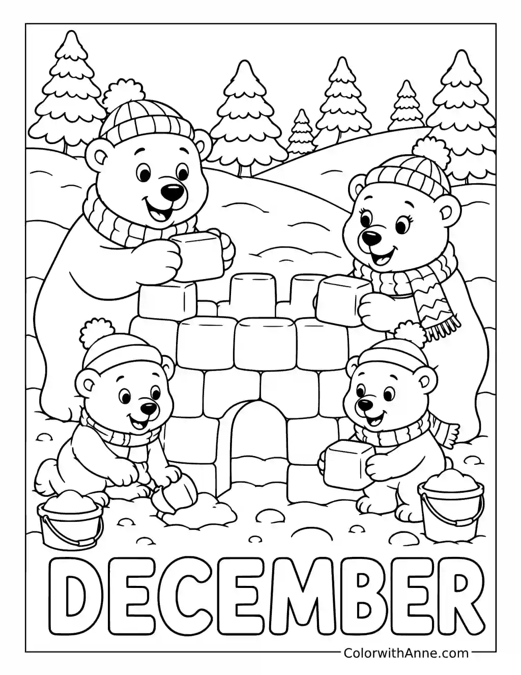 Polar Bear Family Building a Snow Fort coloring page