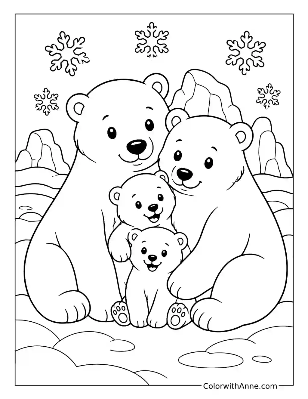 Polar Bear Family Hugging in the Snow coloring page
