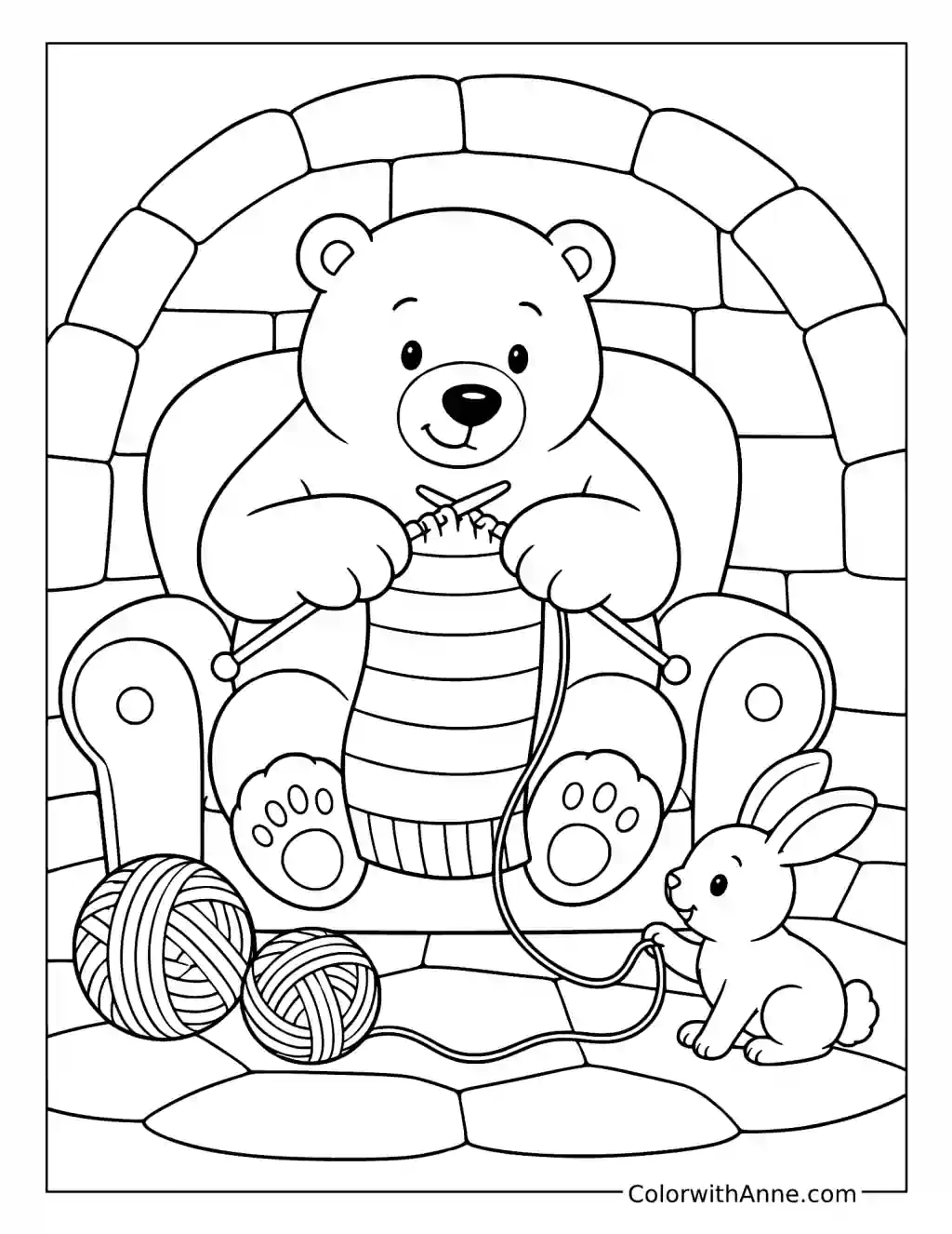 Polar Bear Knitting a Scarf in an Igloo coloring page
