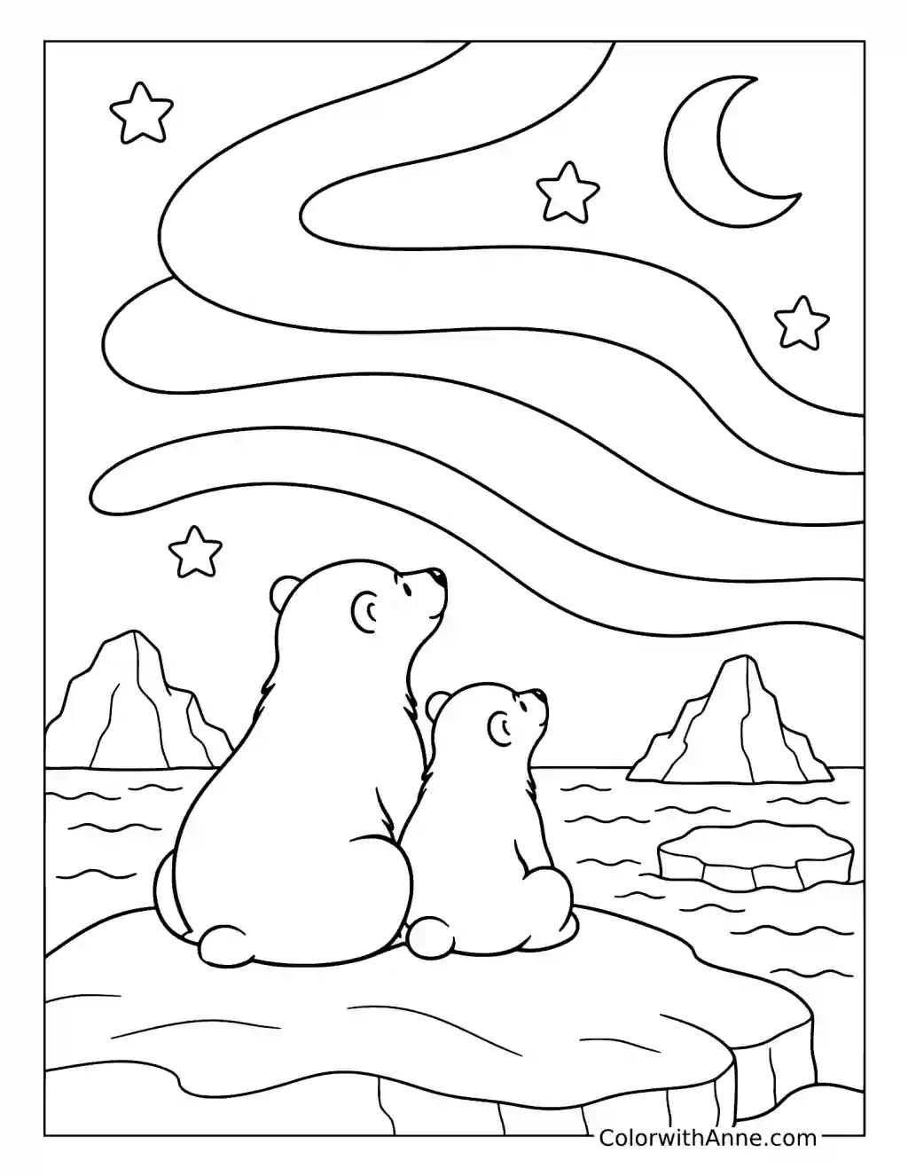 Polar Bear Mother and Cub under the Northern Lights coloring page
