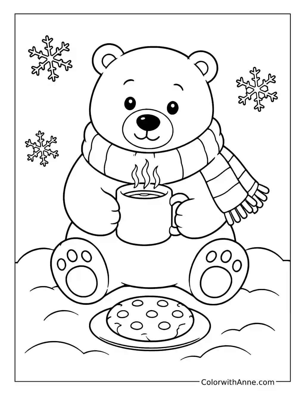 Polar Bear with a Warm Drink on a Snowy Day coloring page