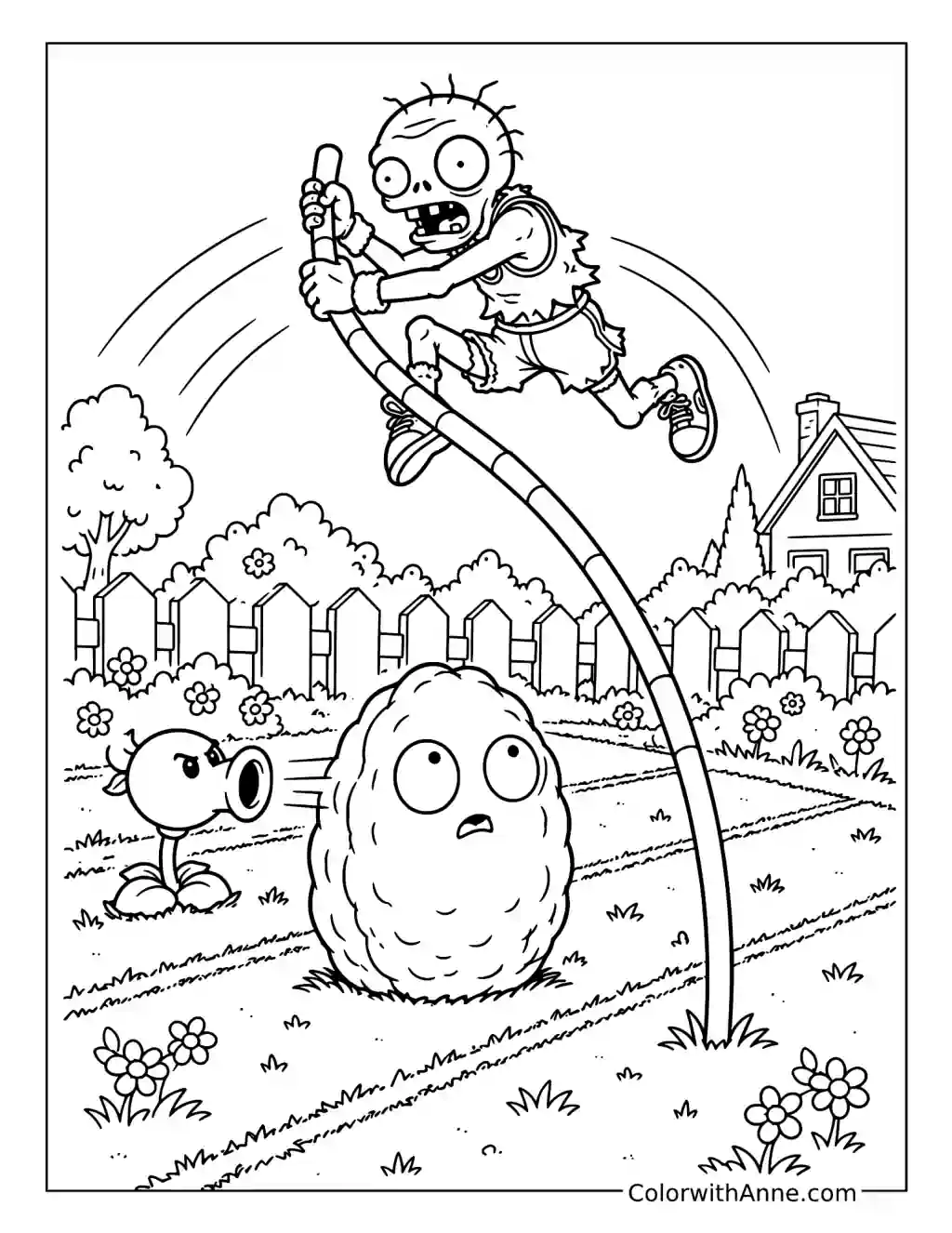 Pole Vaulting Zombie Leaps over Wall-Nut coloring page