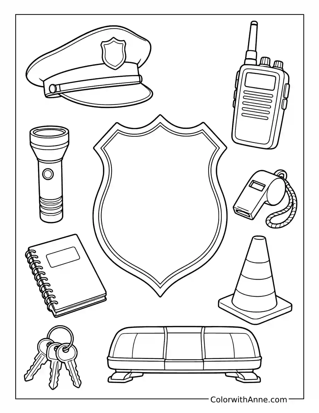 Police Badge and Equipment coloring page