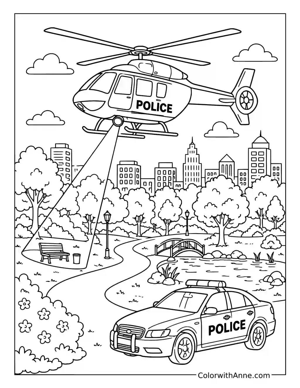 Police Helicopter and Patrol Car in the Park coloring page