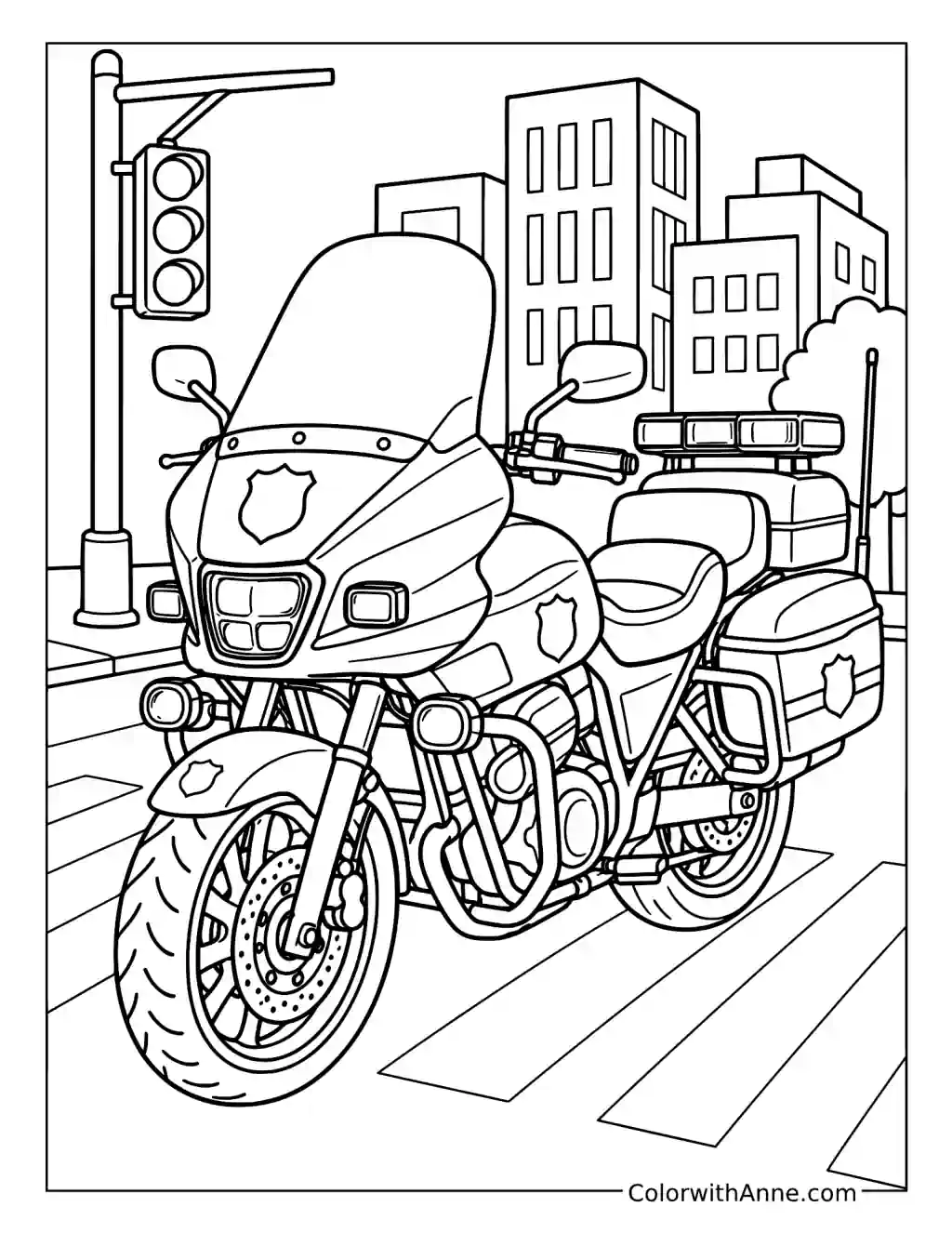Police Motorcycle at a City Intersection coloring page