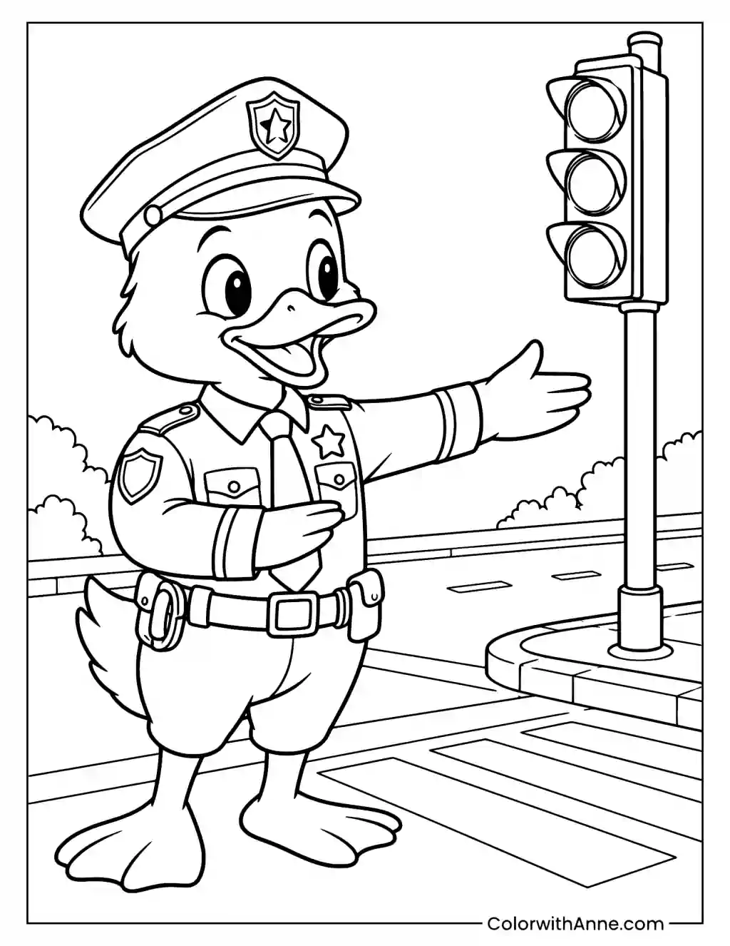 Police Officer Duck Directing Traffic Coloring Page