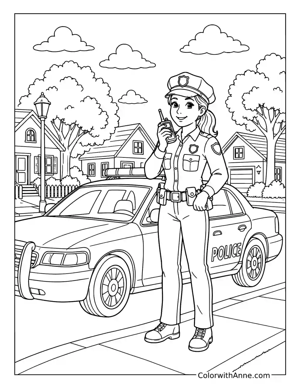 Police Officer with a Radio beside a Patrol Car coloring page