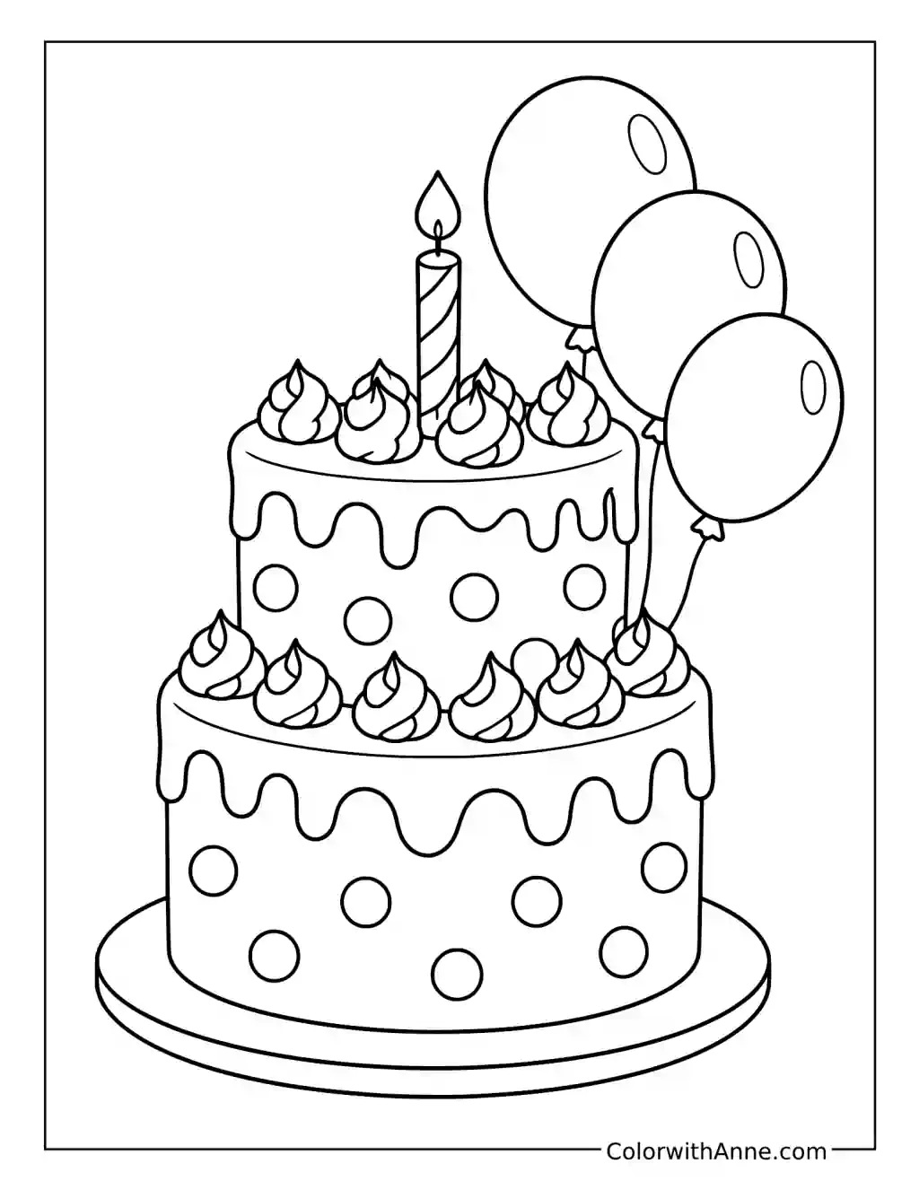 Polka Dot Birthday Cake with Balloons coloring page