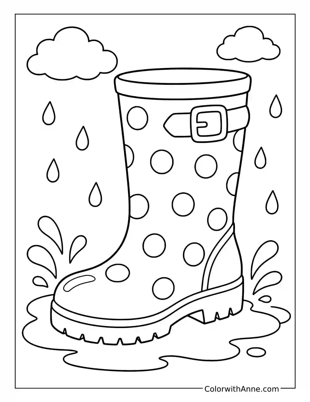 Polka-Dot Rain Boot Splashing in a Puddle coloring page