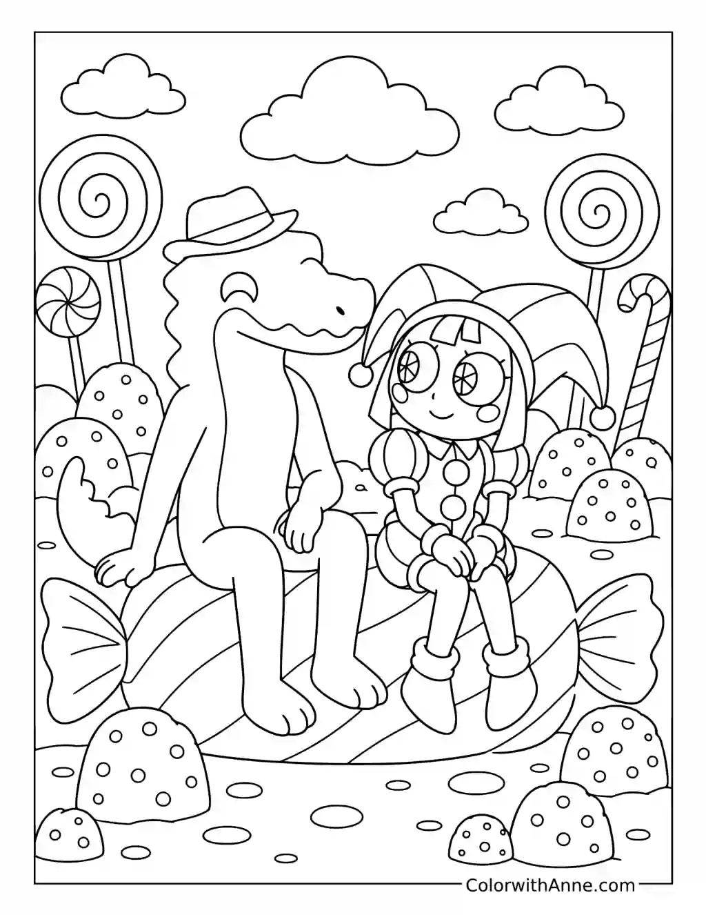 Pomni and Gummigoo on a Giant Wrapped Candy coloring page