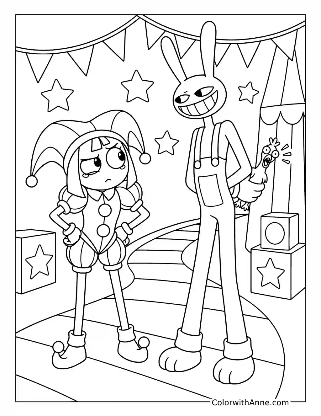 Pomni and Jax's Chicken Prank at the Circus coloring page
