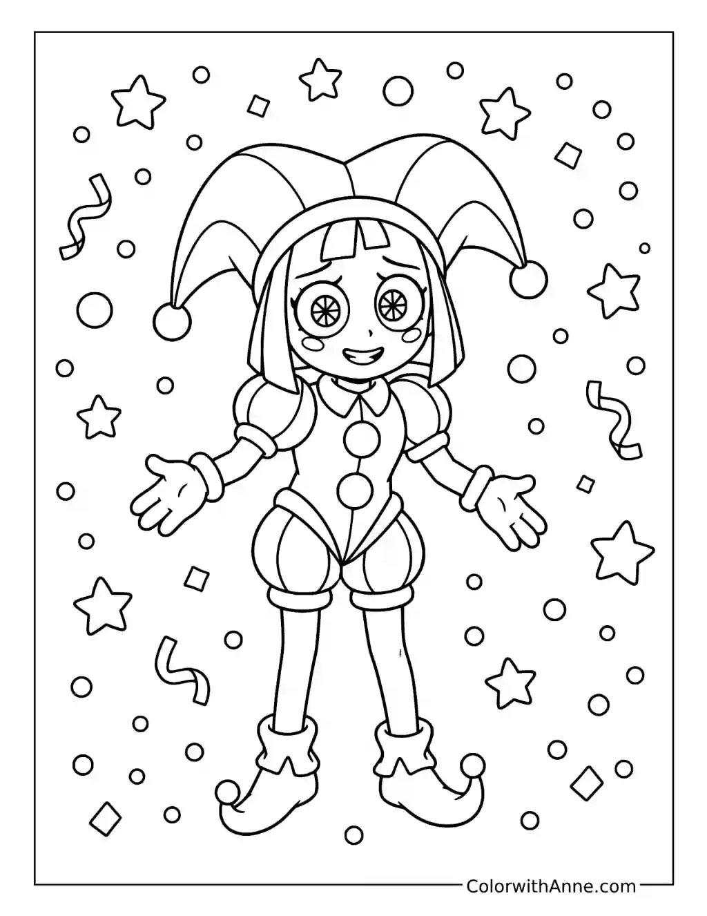 Pomni Celebration with Confetti coloring page