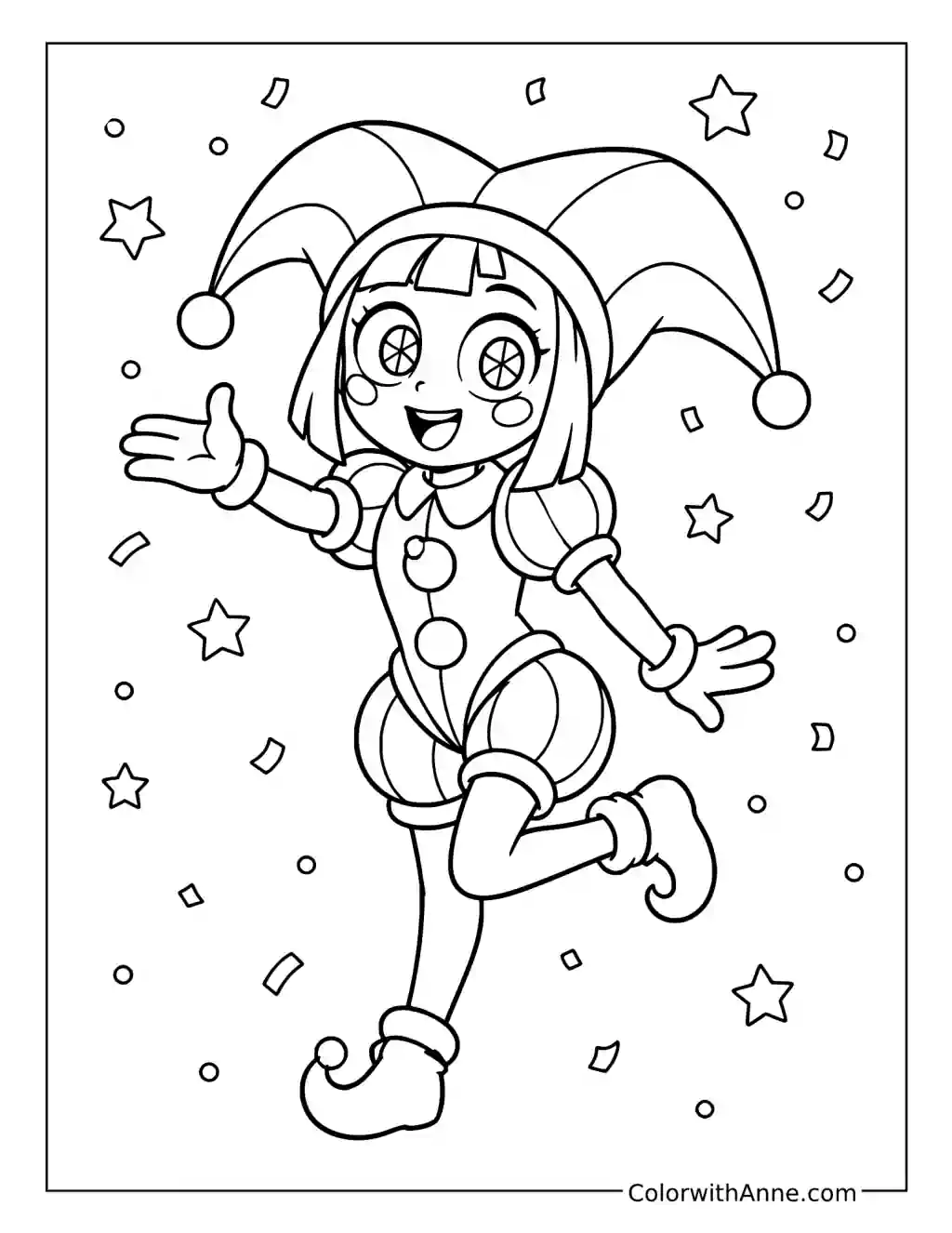 Pomni Dancing with Confetti coloring page