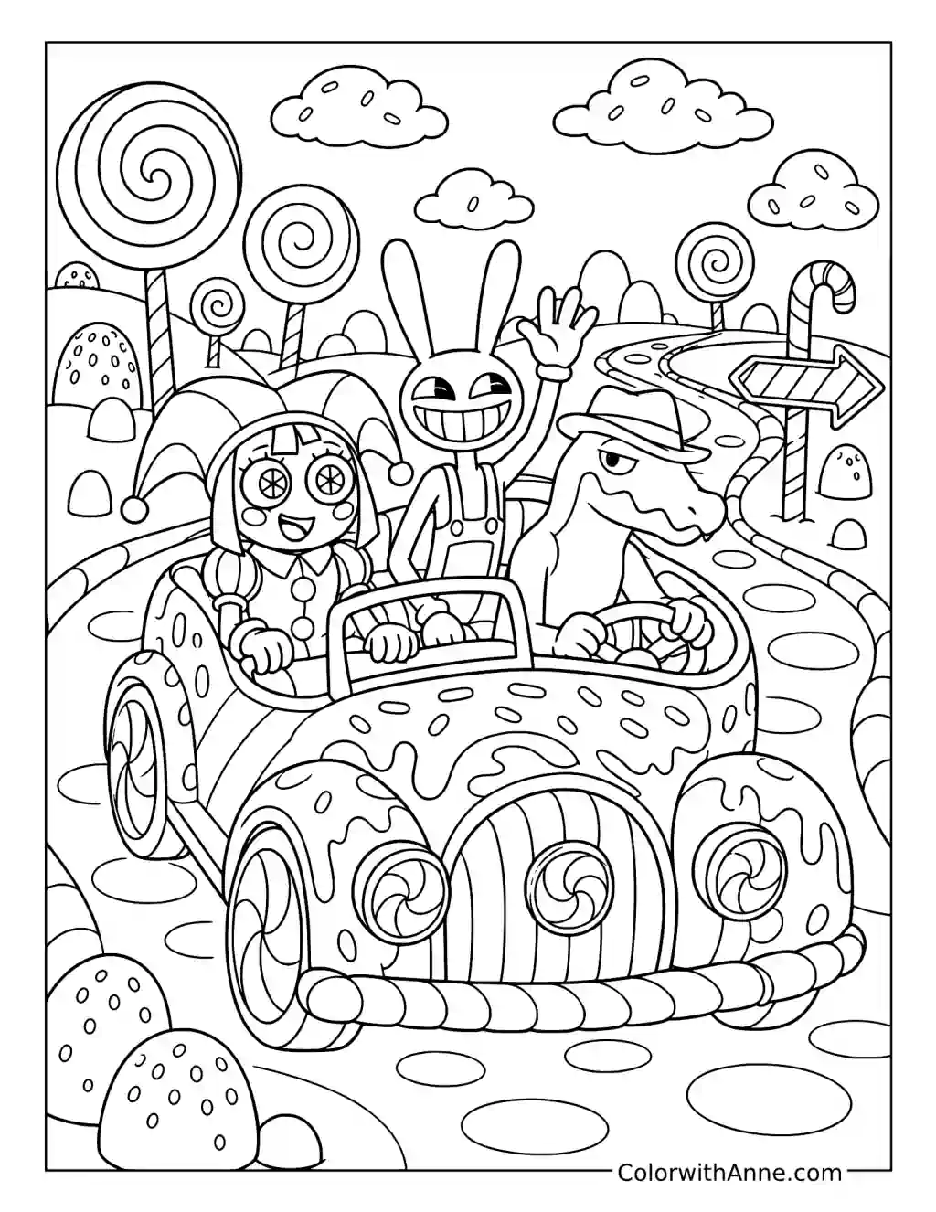 Pomni, Jax and Gummigoo's Candy Ride coloring page