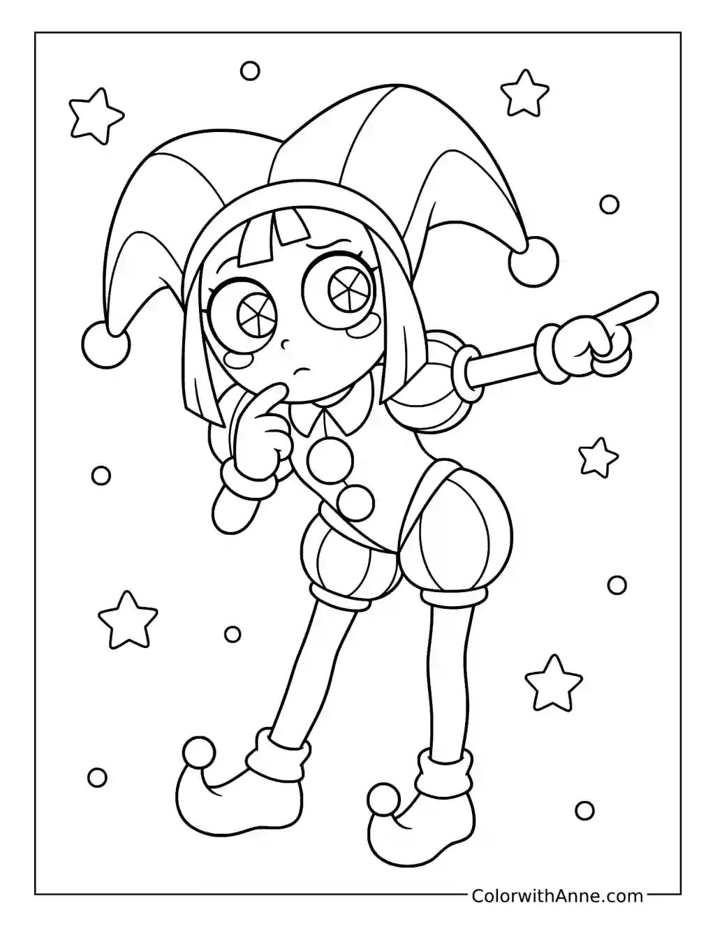 Pomni Pointing at a Mystery coloring page