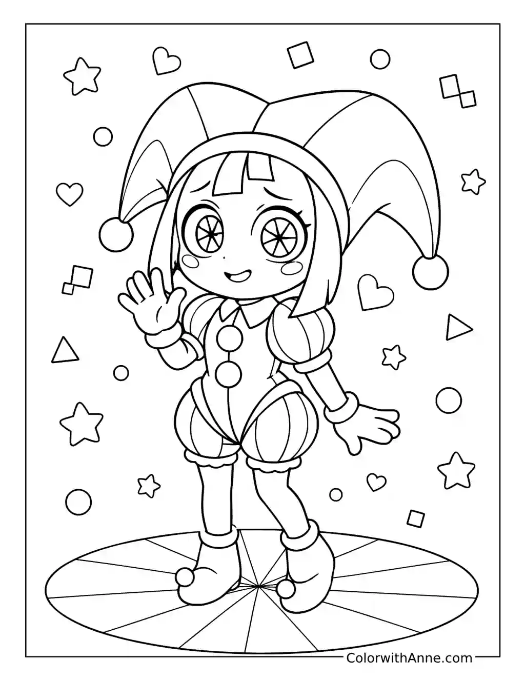 Pomni's Shy Wave Among Stars coloring page