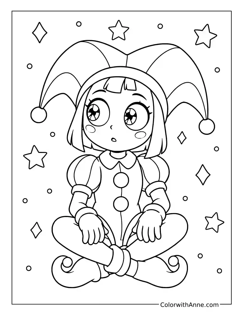 Pomni Sitting Among Sparkles coloring page