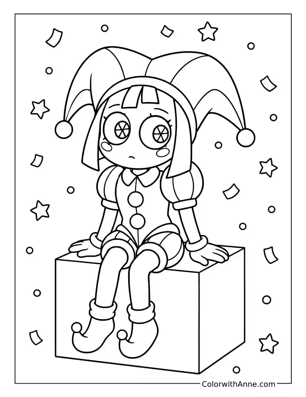Pomni Sitting on a Cube coloring page