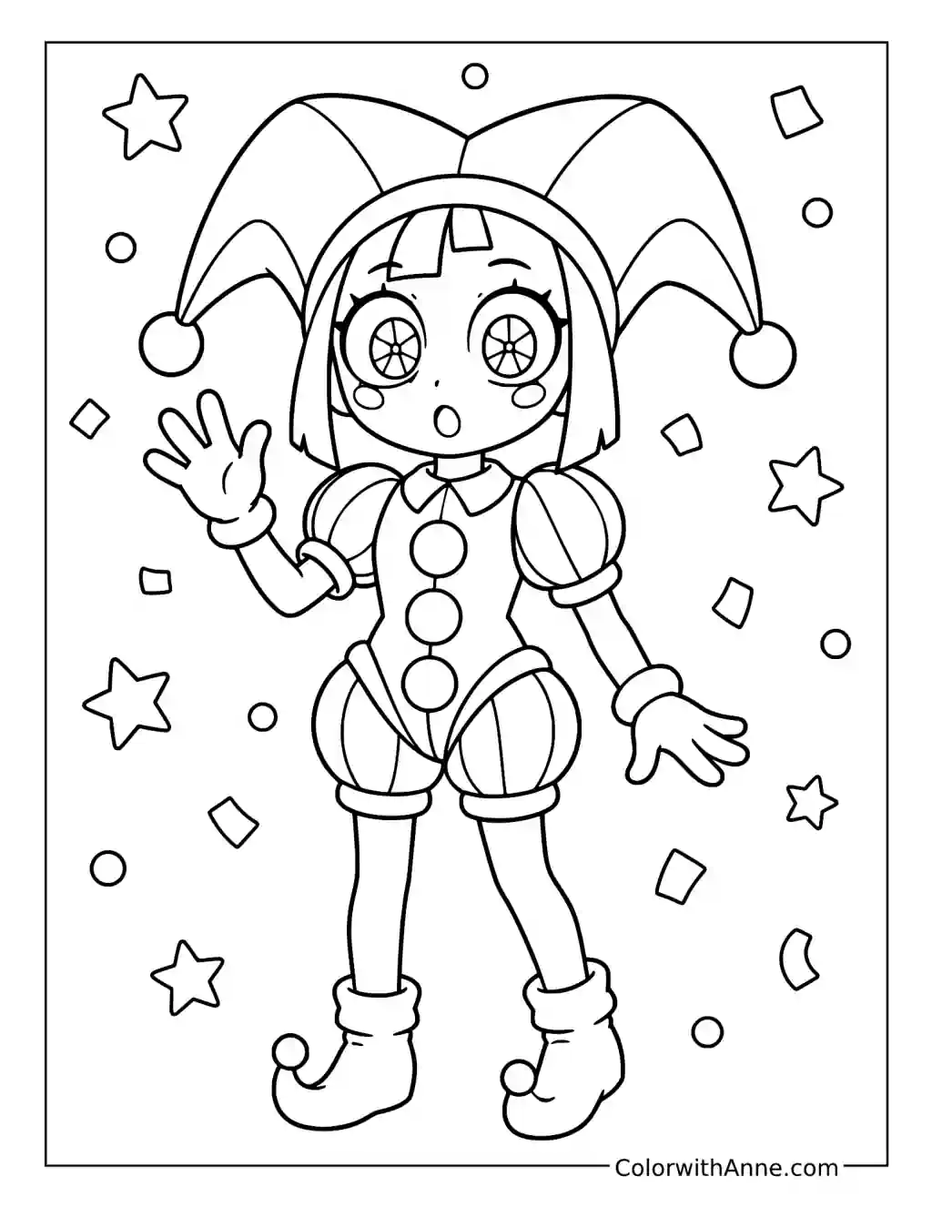 Pomni Waving Among Stars coloring page