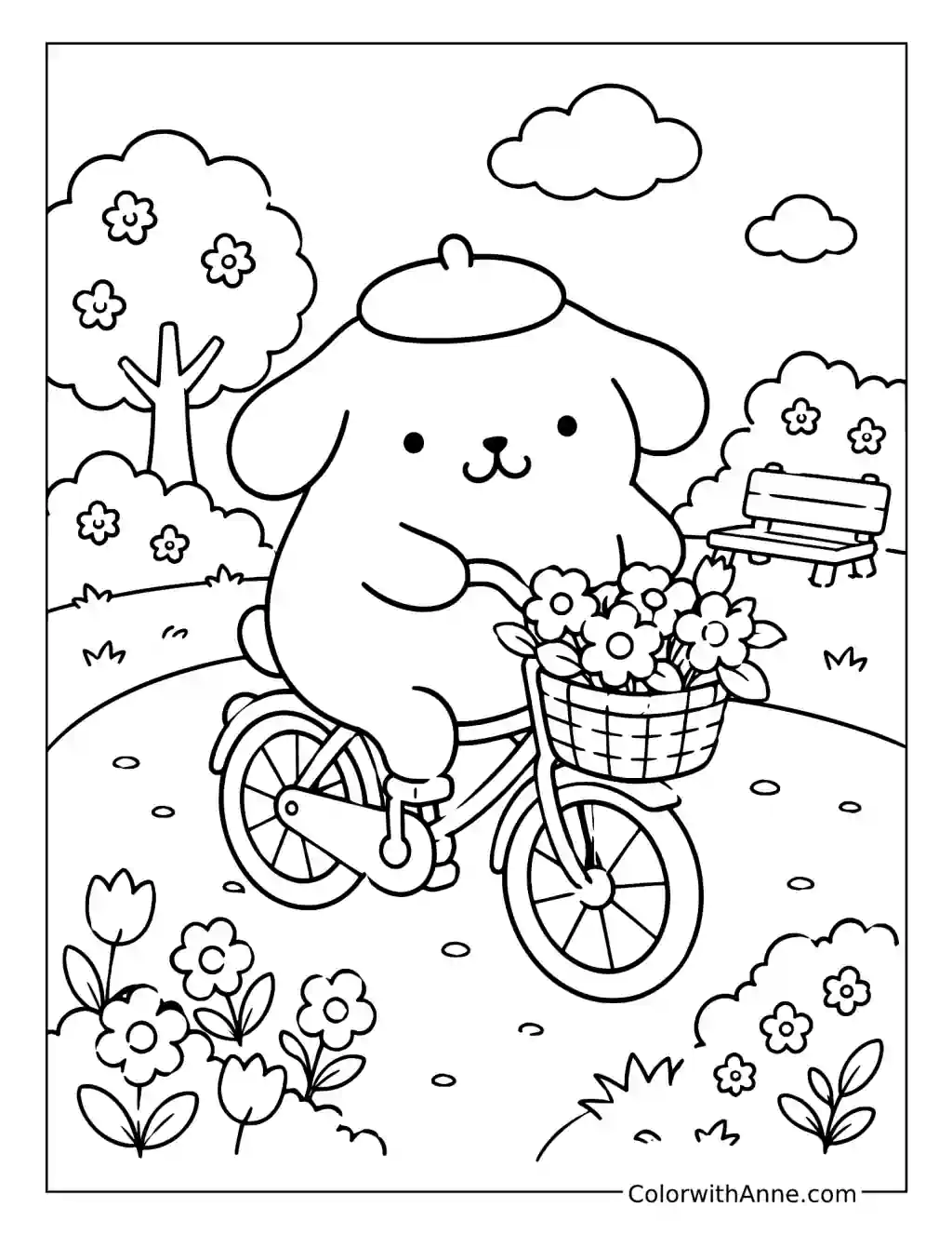 Pompompurin's Flower Basket Bicycle Ride coloring page