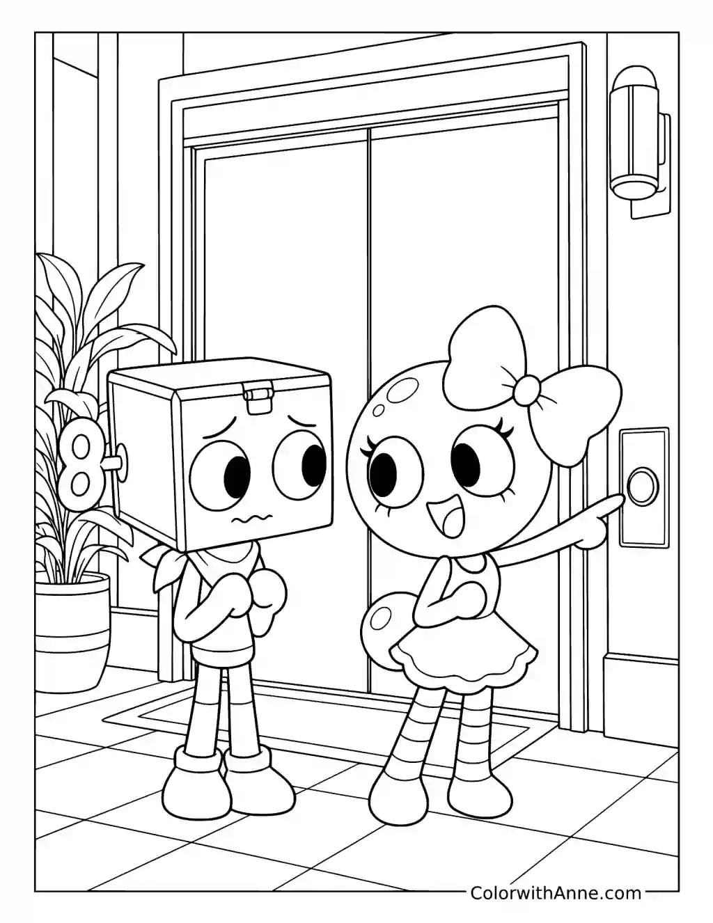 Poppy reaches toward the elevator button while Boxten stands beside her in the tiled lobby.
