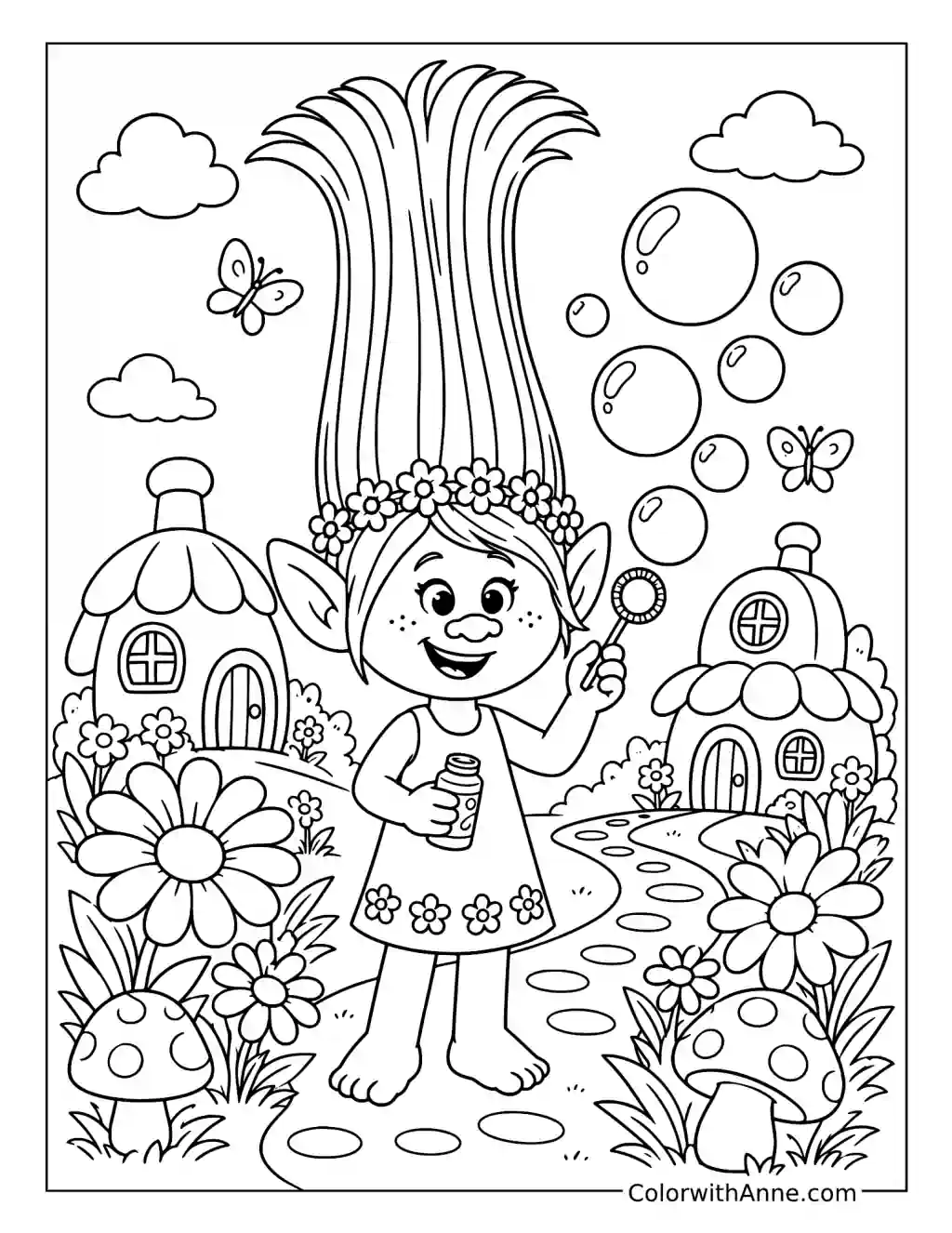 Poppy Blowing Bubbles in Troll Village coloring page