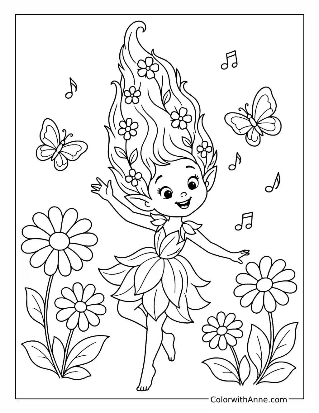Poppy Dancing in a Flower Meadow coloring page
