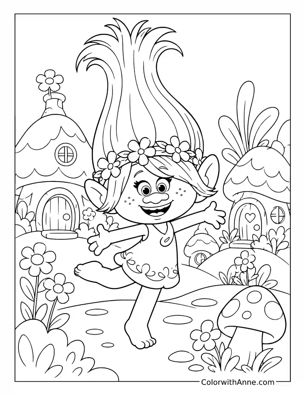 Poppy Dancing Through Troll Village coloring page
