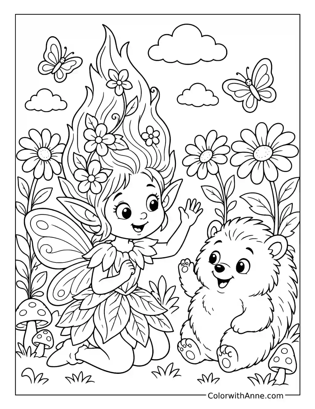 Poppy Greeting a Fluffy Woodland Friend coloring page