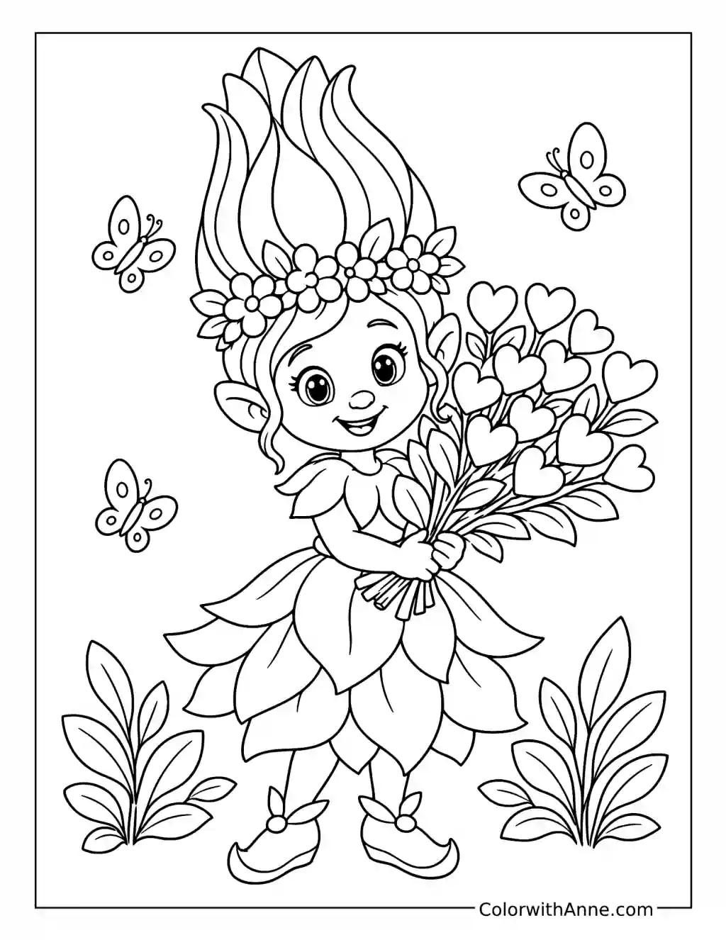 Poppy Holding a Heart Flower Bouquet coloring page
