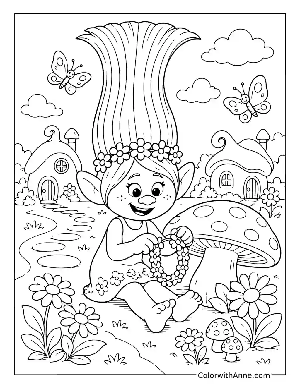 Poppy Making a Daisy Garland coloring page