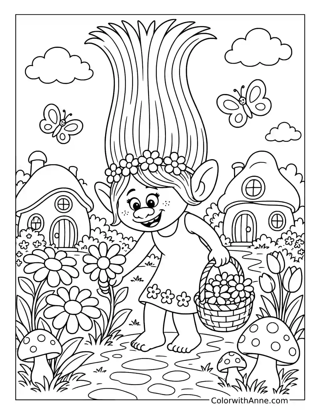 Poppy Picking Flowers in Troll Village coloring page