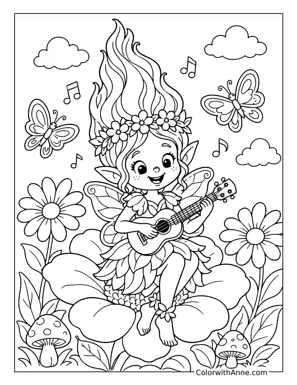 Poppy Playing Guitar on a Giant Flower coloring page