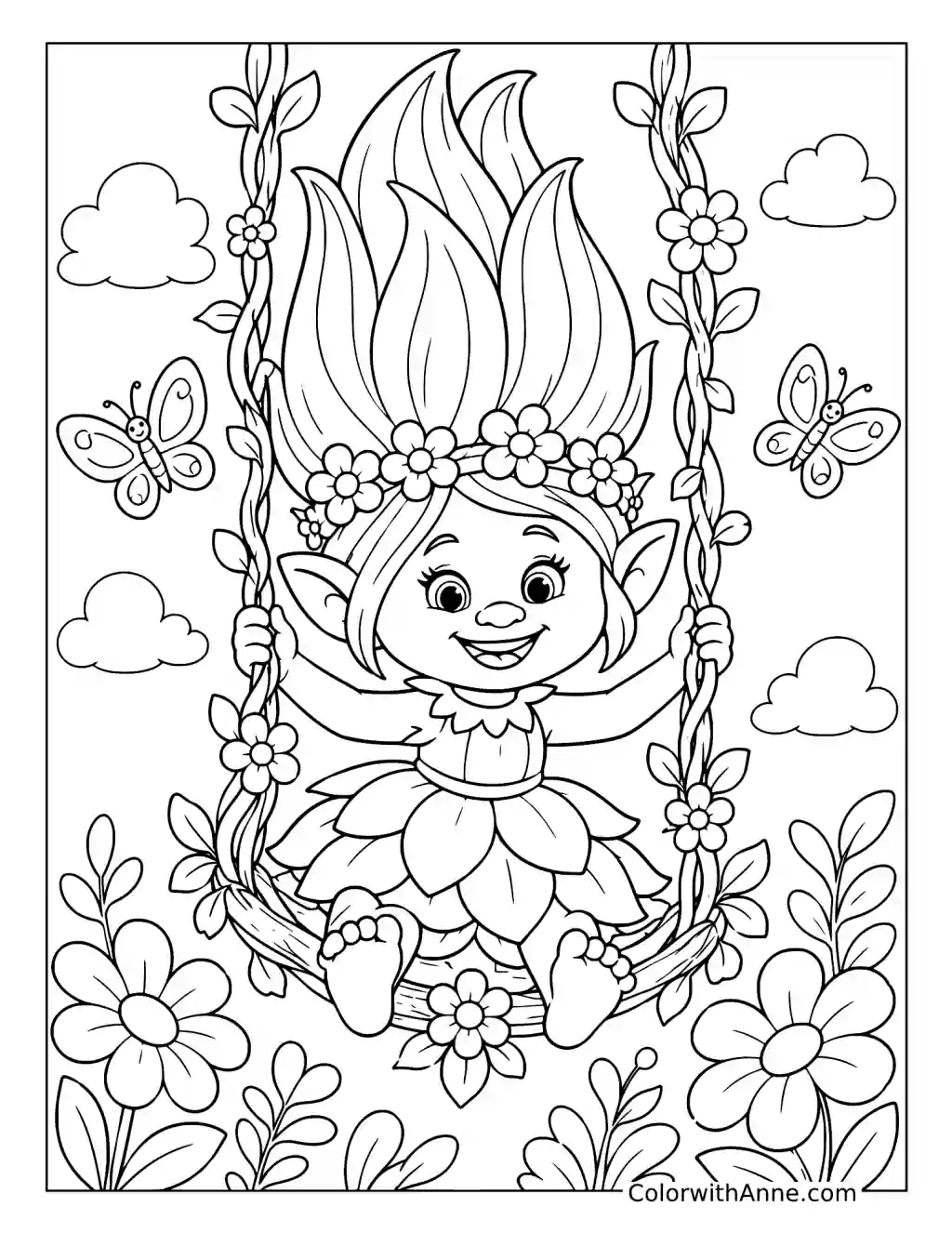Poppy Riding a Flower Garden Swing coloring page