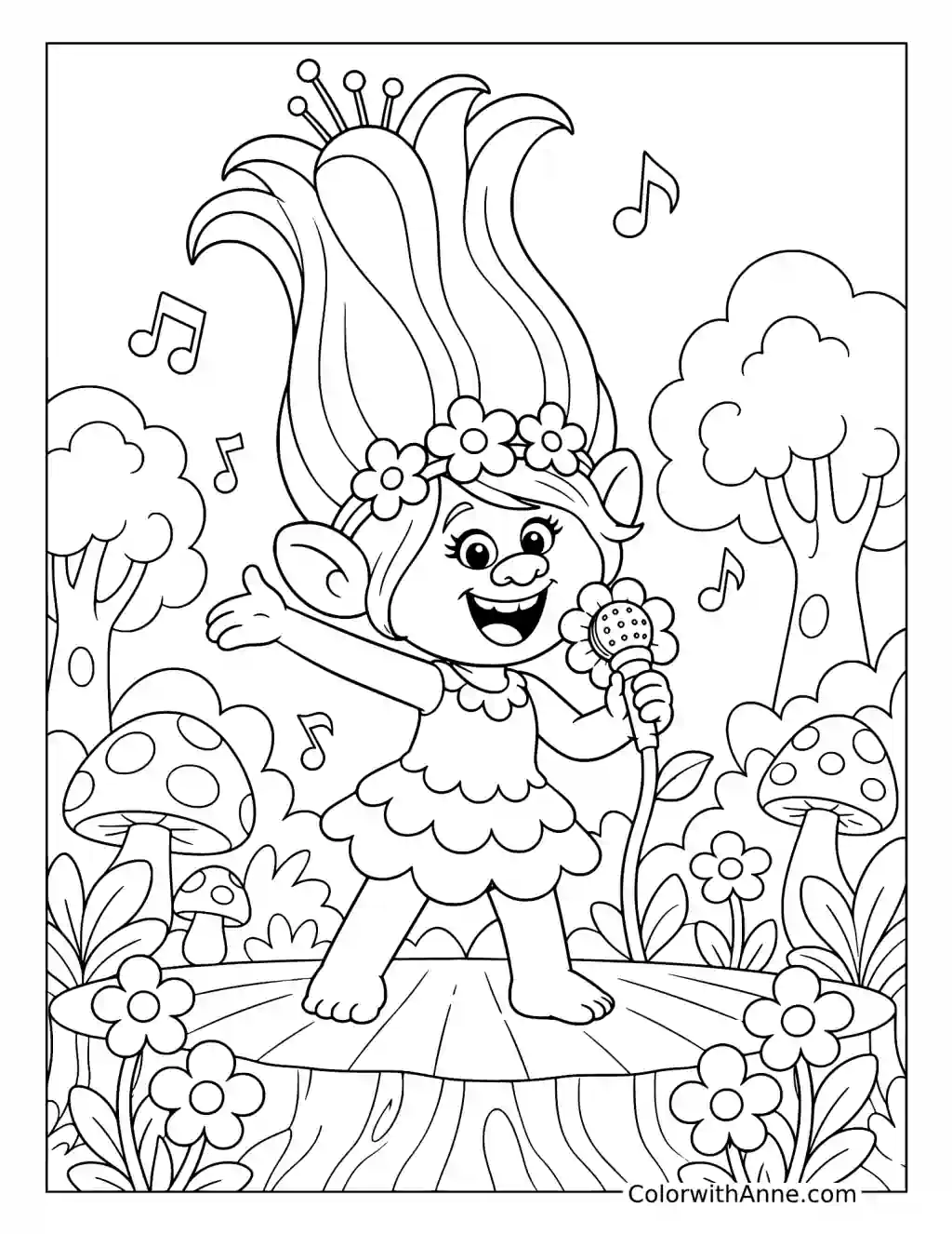 Poppy Singing on a Woodland Stage coloring page