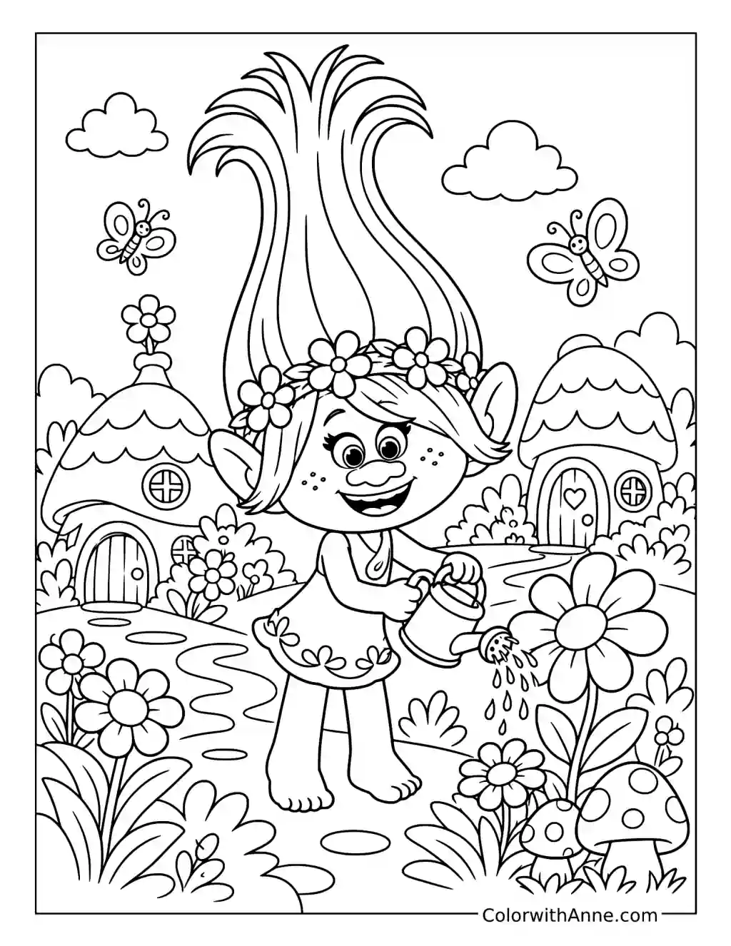 Poppy Watering Flowers in Troll Village coloring page