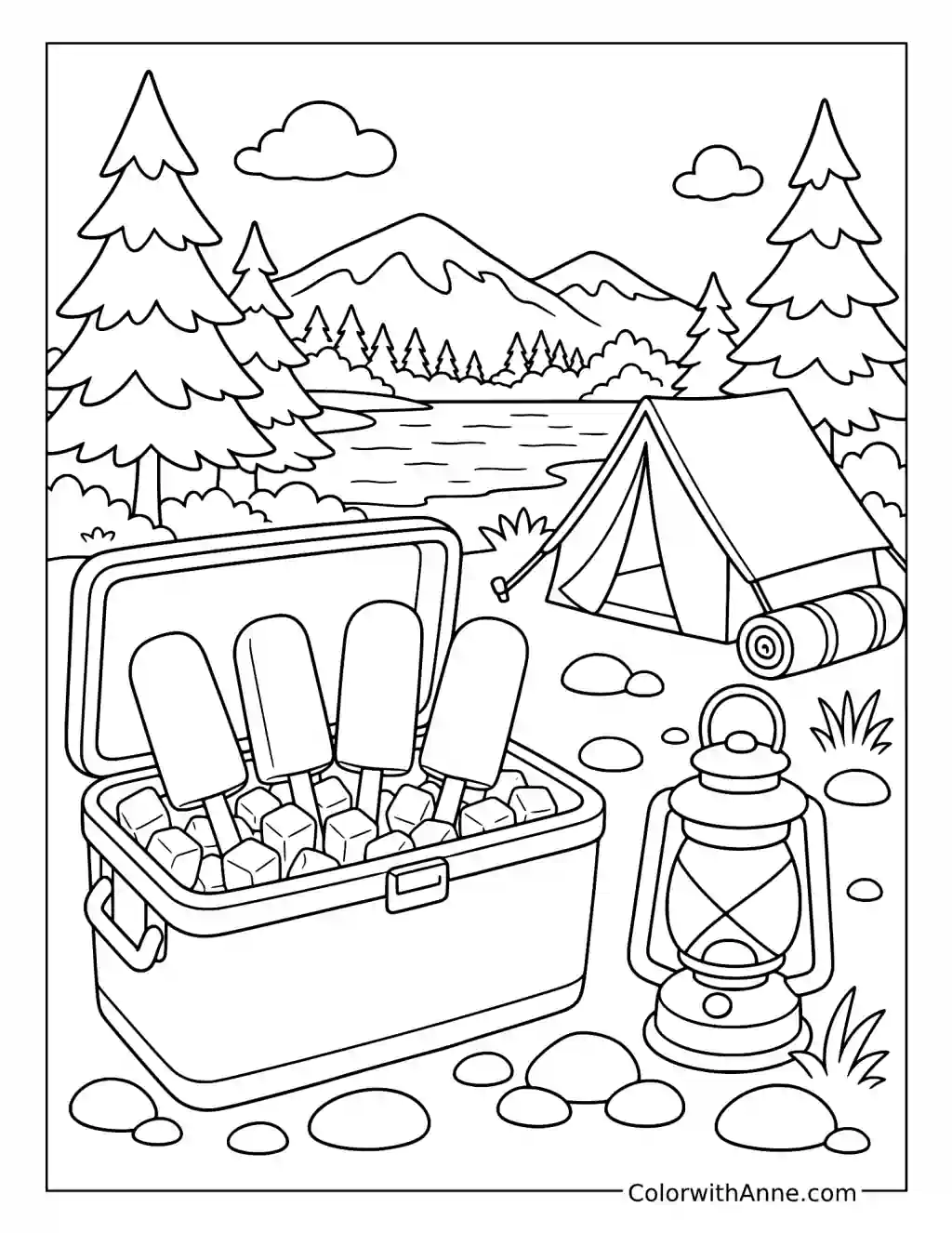 Popsicles Camping by the Mountain Lake coloring page