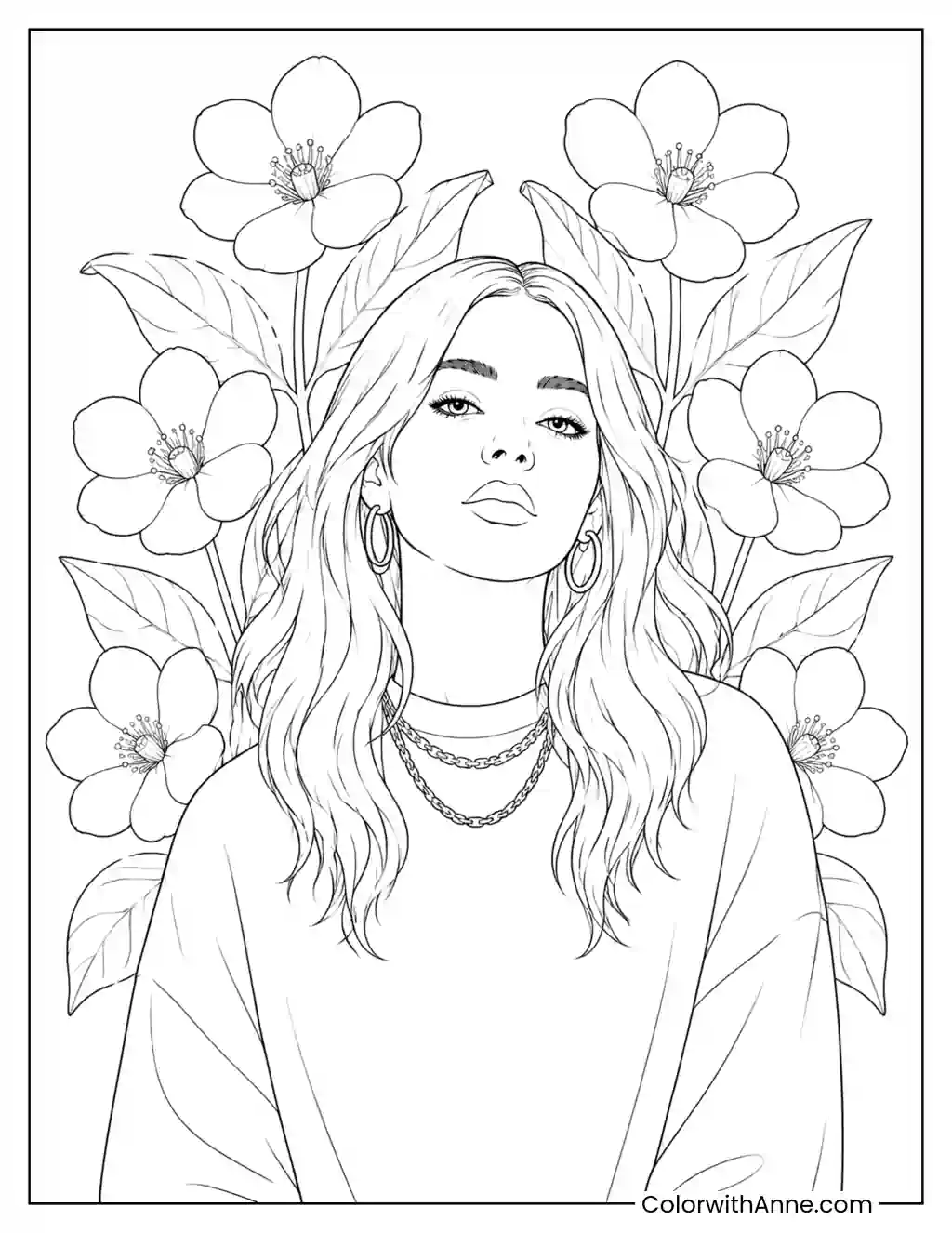 Portrait Among Six Blooming Flowers coloring page