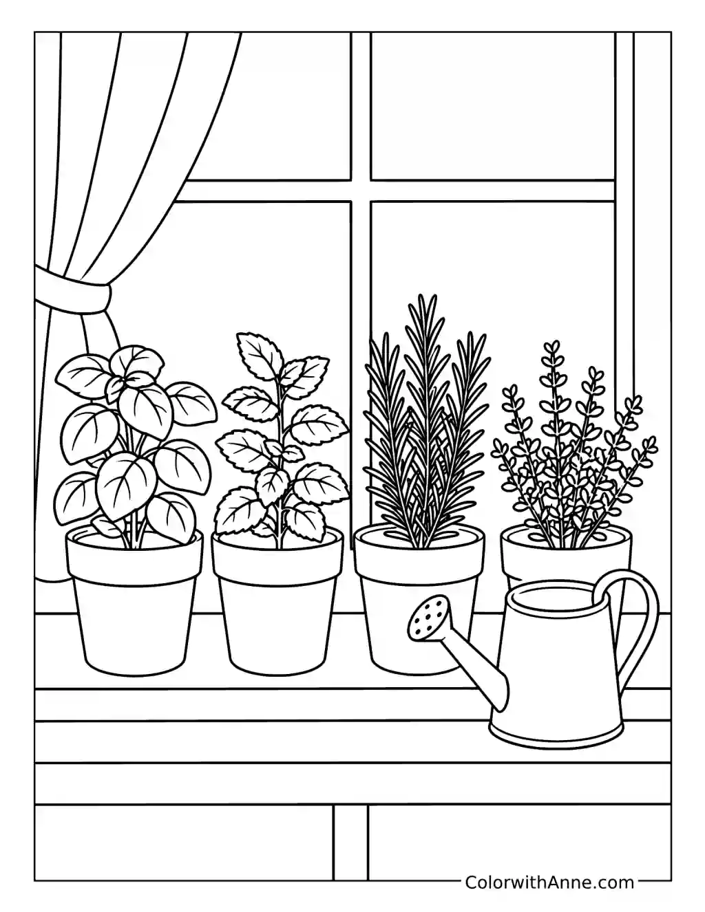 Potted Basil Mint Rosemary and Thyme on a Windowsill coloring page