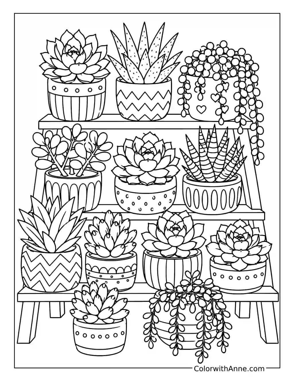 Potted Succulent Collection on Tiered Shelves coloring page