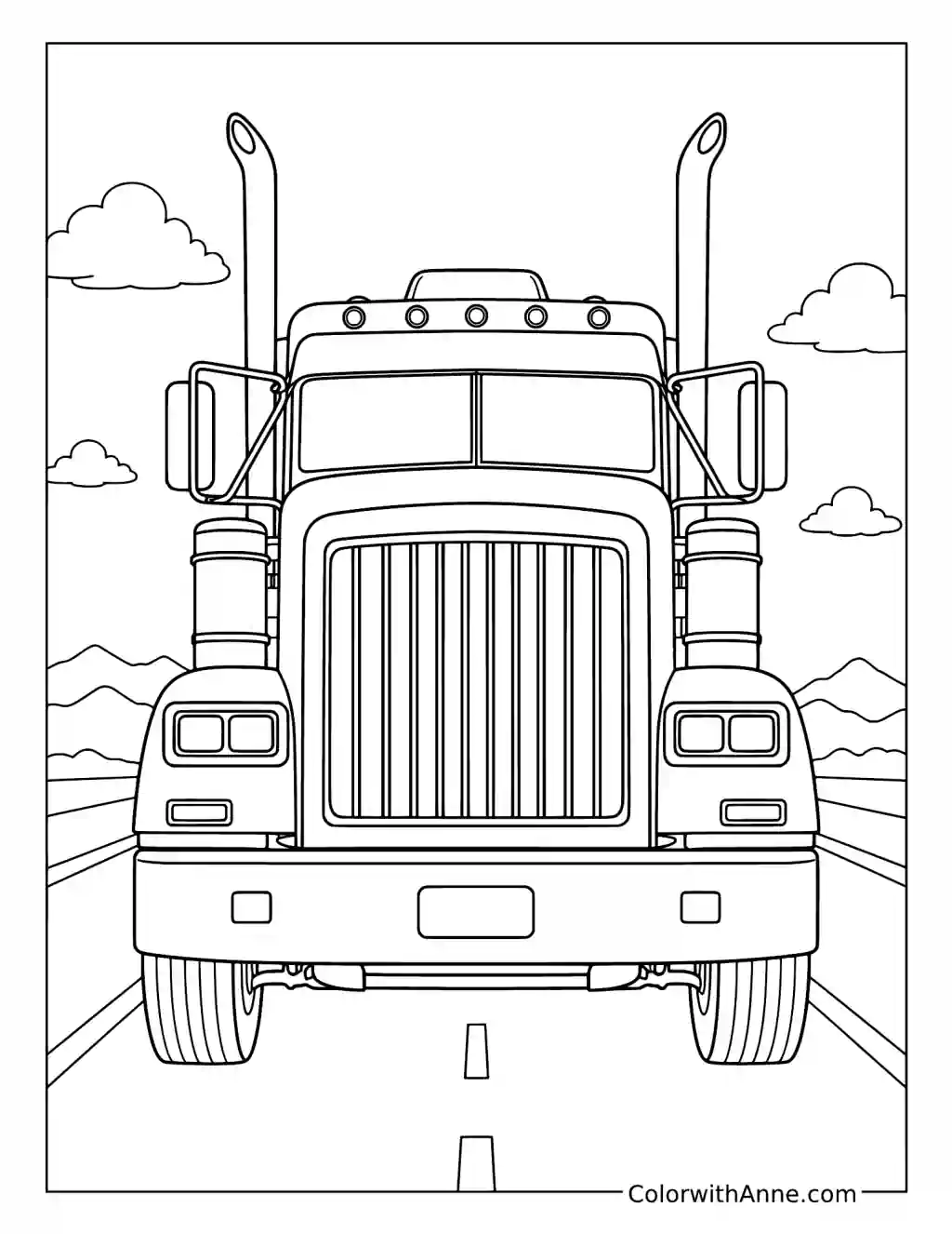 Powerful Semi Truck Front View coloring page