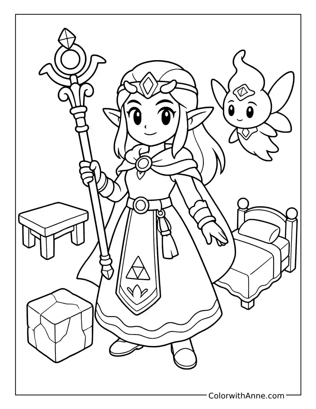 Princess Zelda Holding a Rod Beside a Fairy Companion coloring page