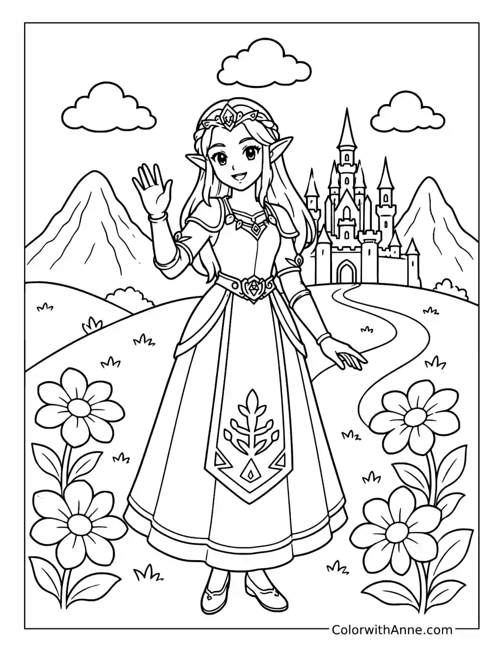 Princess Zelda Waving Outside Hyrule Castle coloring page