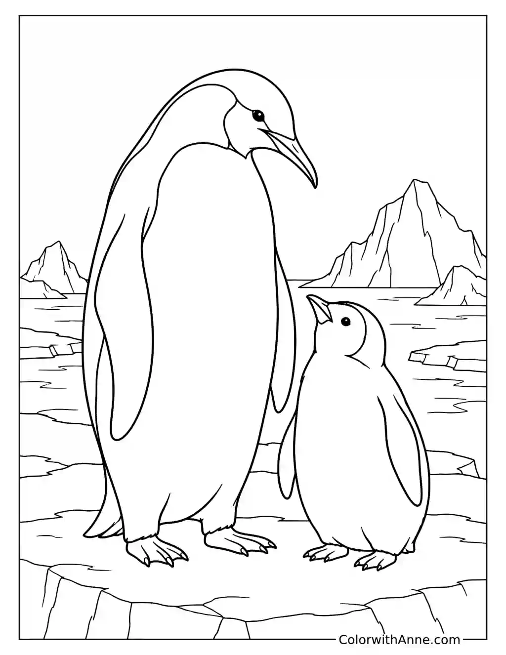 Adult and Baby Penguin with Icebergs Coloring Page