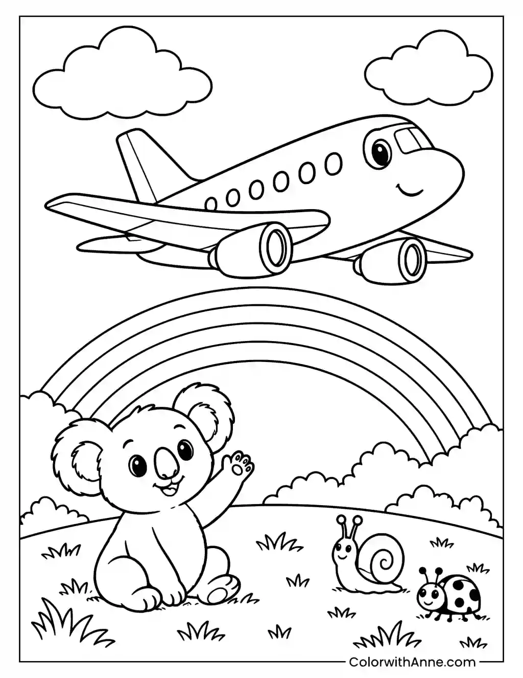 Airplane Flying Over a Rainbow Coloring Page