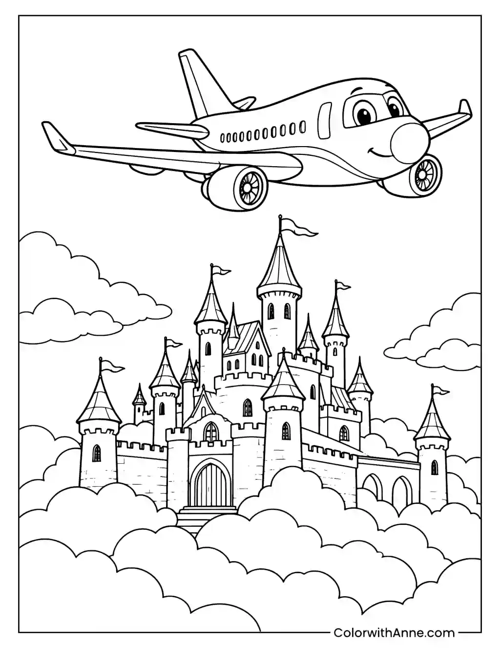 Airplane Flying Over Fantasy Castles in the Clouds Coloring Page