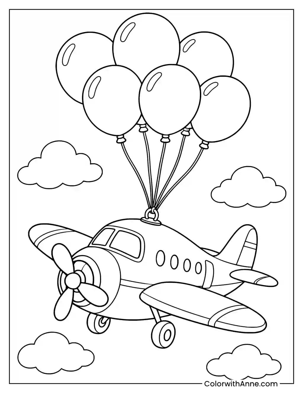 Airplane Pulled by Balloons in the Sky Coloring Page