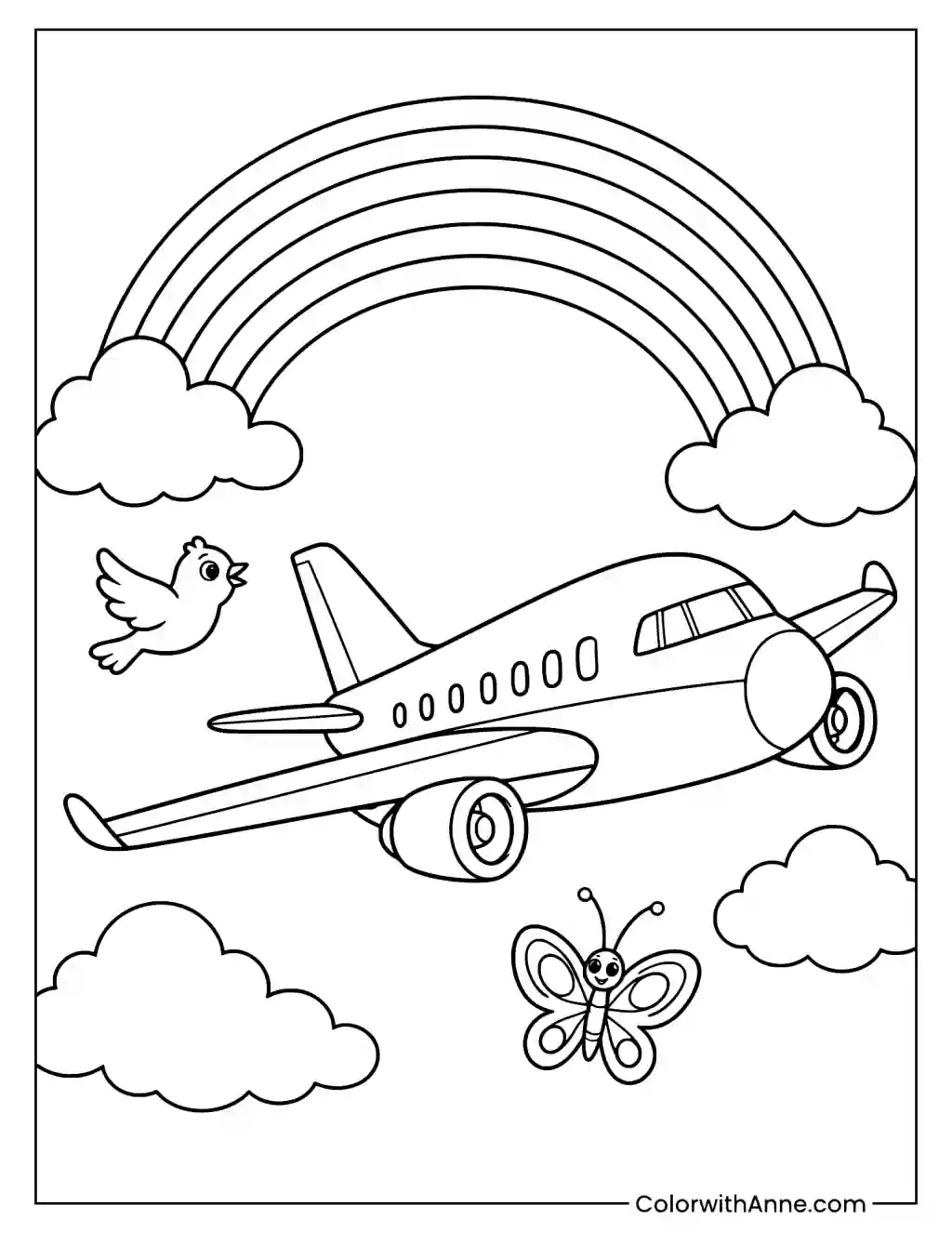 Airplane Under a Rainbow Coloring Page
