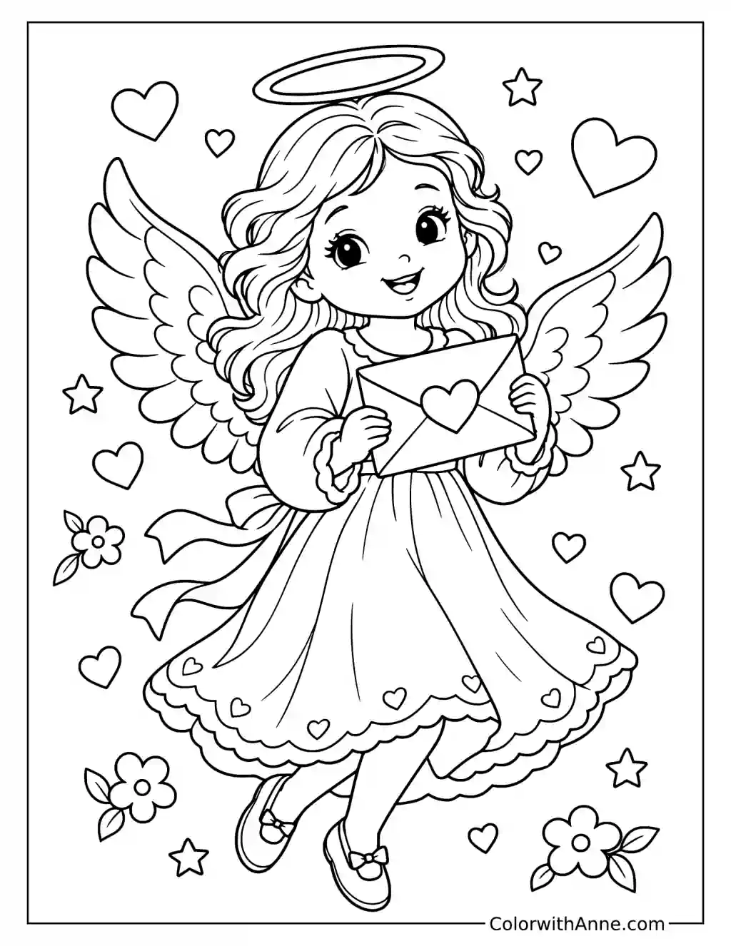Angel Delivering Valentine Envelopes Coloring Page